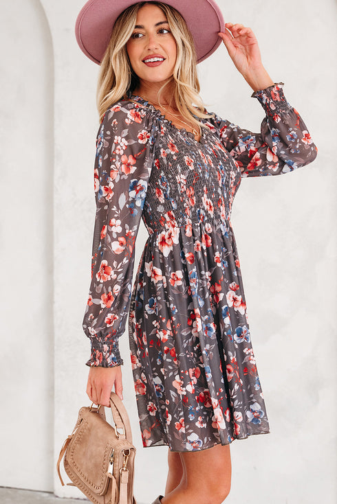 Frilly Smocked Bodice Mesh Long Sleeve Mini Floral Dress