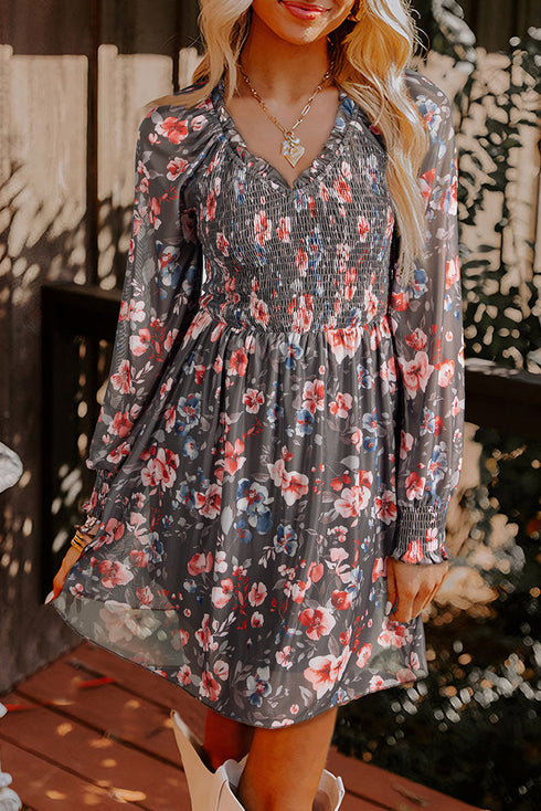 Frilly Smocked Bodice Mesh Long Sleeve Mini Floral Dress