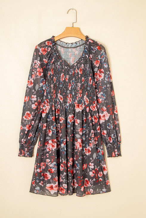 Frilly Smocked Bodice Mesh Long Sleeve Mini Floral Dress