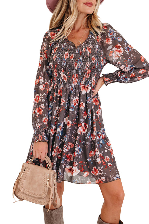 Frilly Smocked Bodice Mesh Long Sleeve Mini Floral Dress