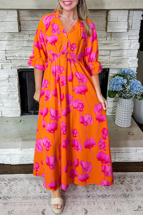 Frilly Smocked V Neck Floral Ruffle Sleeve Maxi Dress