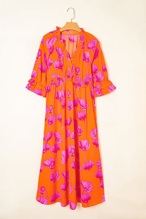 Frilly Smocked V Neck Floral Ruffle Sleeve Maxi Dress