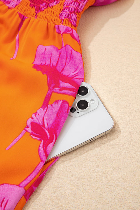 Frilly Smocked V Neck Floral Ruffle Sleeve Maxi Dress