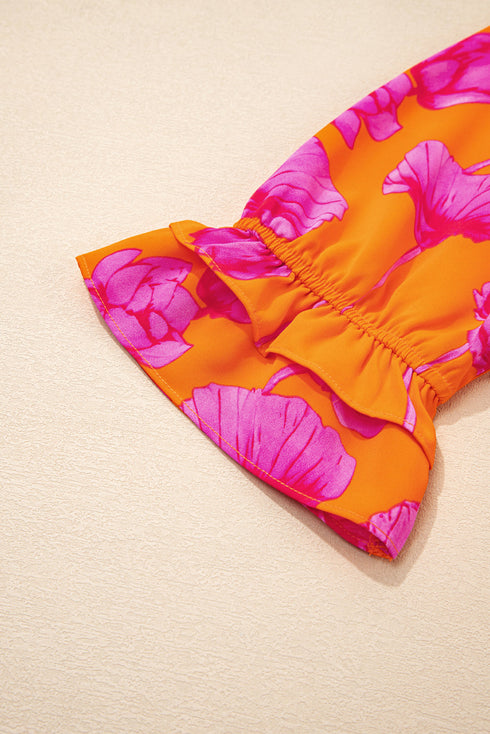 Frilly Smocked V Neck Floral Ruffle Sleeve Maxi Dress