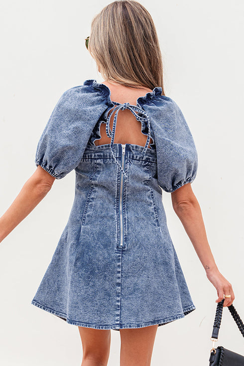 Frilly Square Neck Bustier Puff Sleeve Denim Mini Dress