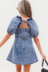 Frilly Square Neck Bustier Puff Sleeve Denim Mini Dress