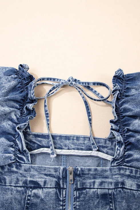 Frilly Square Neck Bustier Puff Sleeve Denim Mini Dress