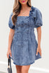 Frilly Square Neck Bustier Puff Sleeve Denim Mini Dress