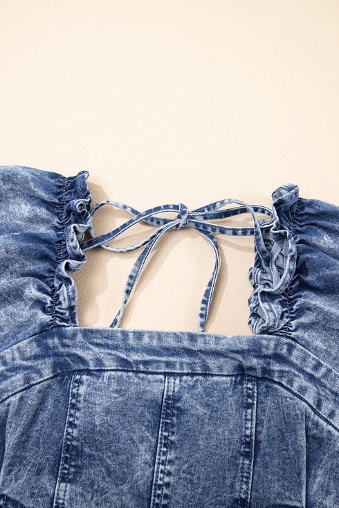 Frilly Square Neck Bustier Puff Sleeve Denim Mini Dress
