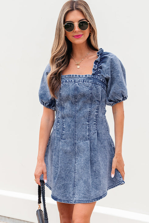 Frilly Square Neck Bustier Puff Sleeve Denim Mini Dress