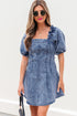 Frilly Square Neck Bustier Puff Sleeve Denim Mini Dress