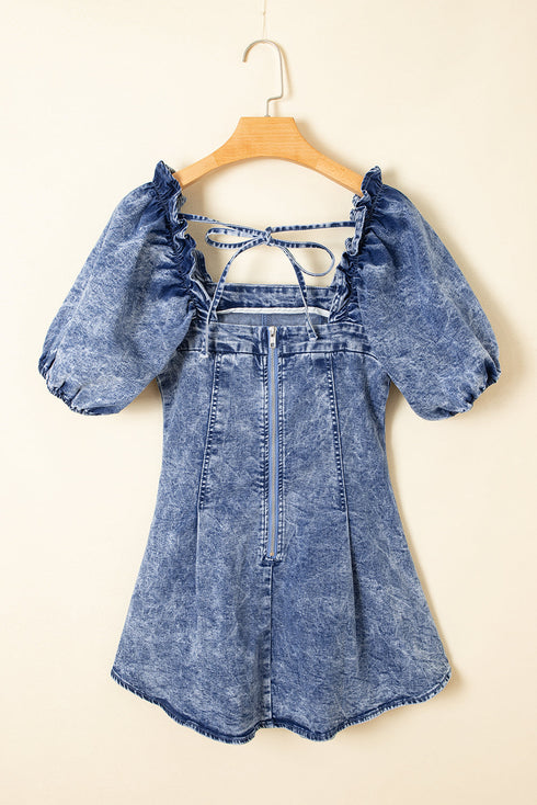 Frilly Square Neck Bustier Puff Sleeve Denim Mini Dress