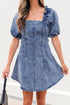 Frilly Square Neck Bustier Puff Sleeve Denim Mini Dress