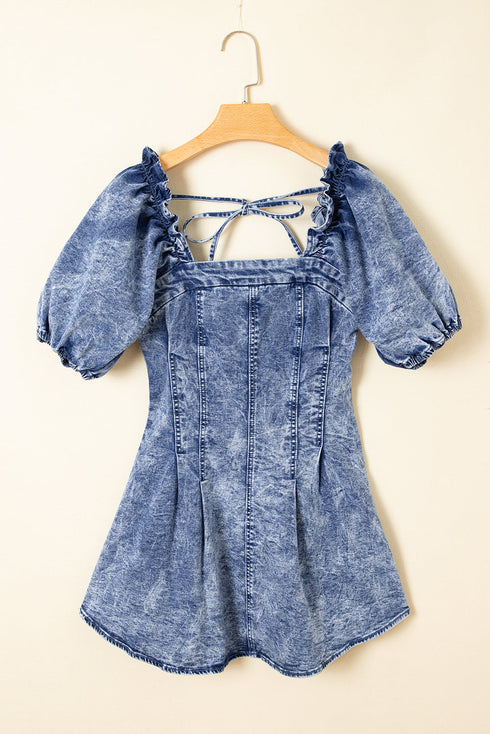 Frilly Square Neck Bustier Puff Sleeve Denim Mini Dress