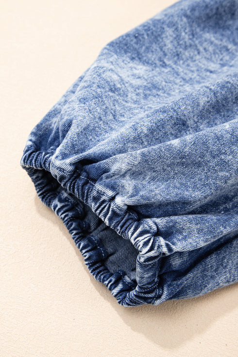 Frilly Square Neck Bustier Puff Sleeve Denim Mini Dress