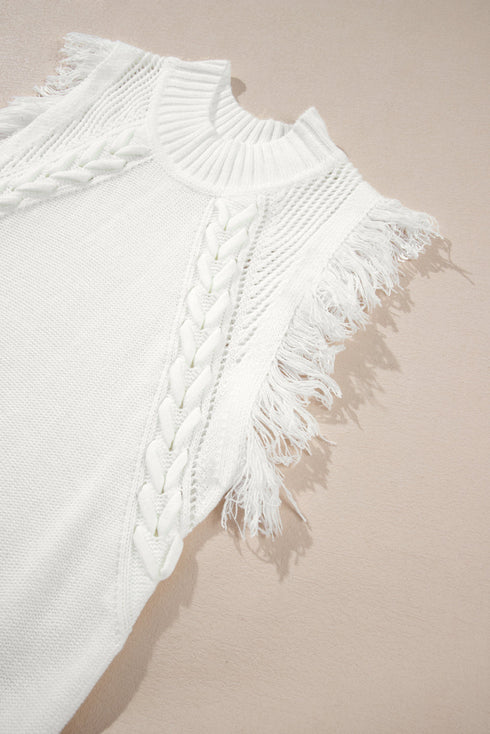 Fringe Detail Mock Neck Sleeveless Cable Knit Sweater Top