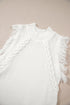 Fringe Detail Mock Neck Sleeveless Cable Knit Sweater Top