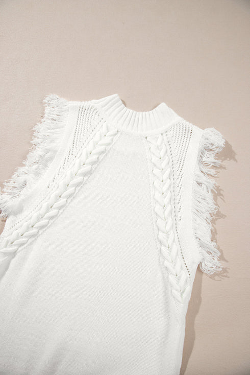 Fringe Detail Mock Neck Sleeveless Cable Knit Sweater Top