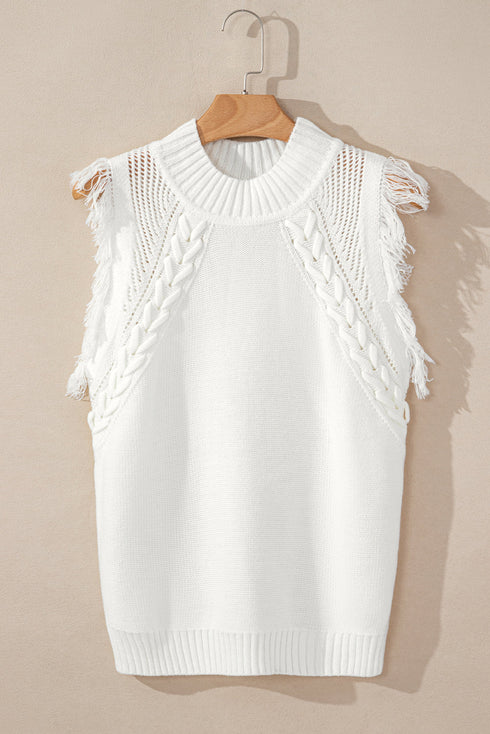 Fringe Detail Mock Neck Sleeveless Cable Knit Sweater Top