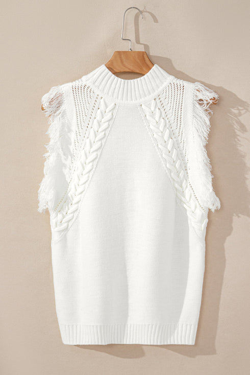 Fringe Detail Mock Neck Sleeveless Cable Knit Sweater Top