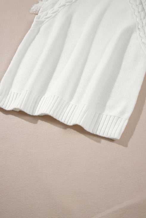 Fringe Detail Mock Neck Sleeveless Cable Knit Sweater Top