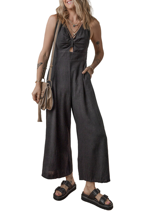 Front Cut Out Smocked Back Cotton Wide Leg Jumpsuit