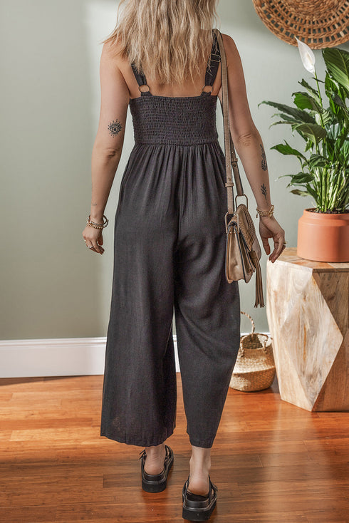 Front Cut Out Smocked Back Cotton Wide Leg Jumpsuit