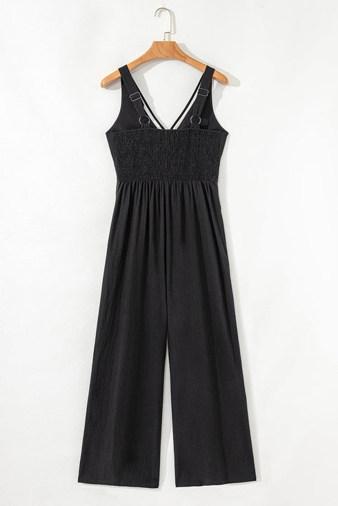 Front Cutout Smocked Back Sleeveless Wide Leg Jumpsuit