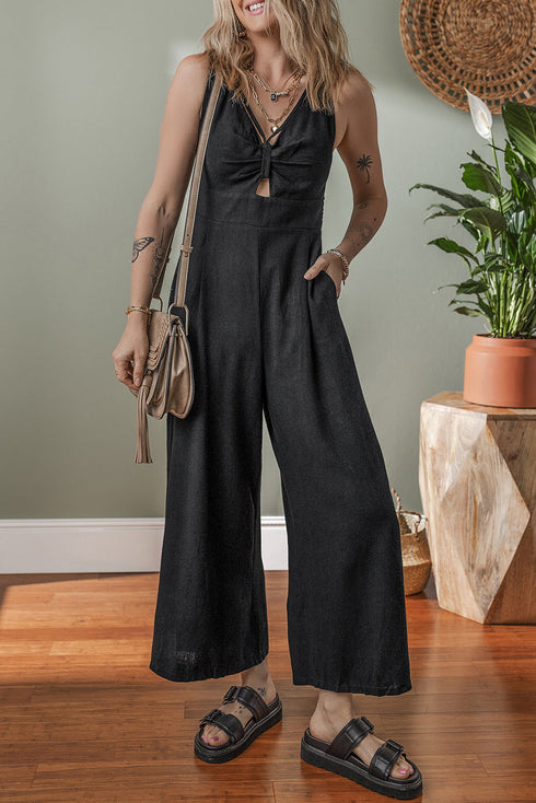 Front Cutout Smocked Back Sleeveless Wide Leg Jumpsuit
