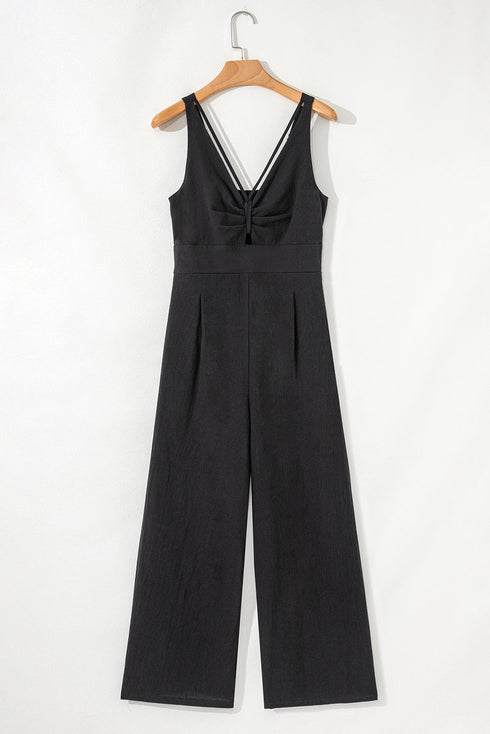 Front Cutout Smocked Back Sleeveless Wide Leg Jumpsuit