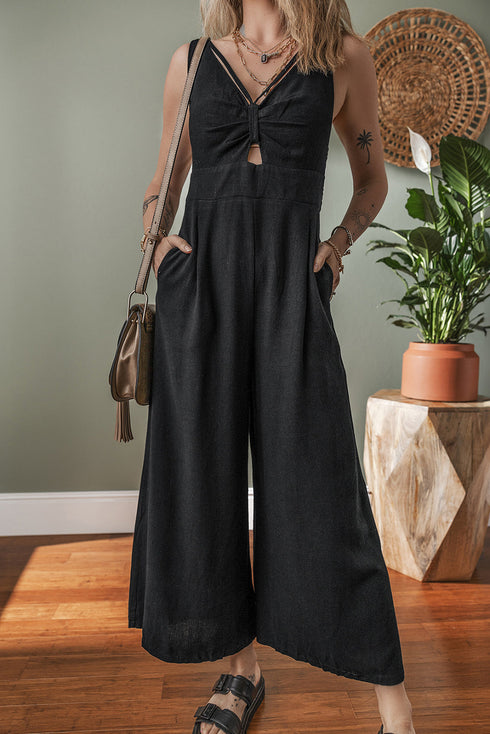 Front Cutout Smocked Back Sleeveless Wide Leg Jumpsuit