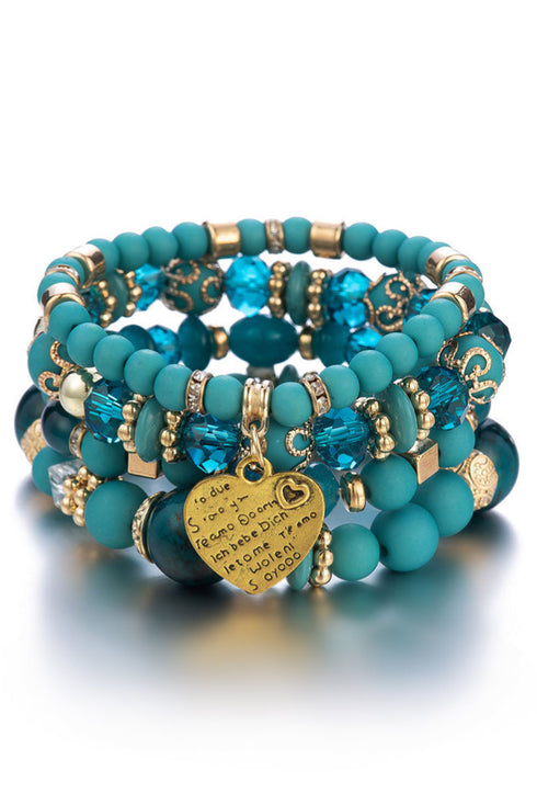 Frosted Crystal Bead Heart Pendant Layered Bracelet Set