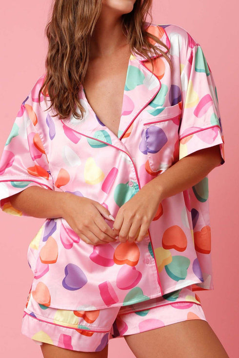 Full Pattern Shirt and Shorts Satin Pajama Set