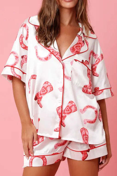 Full Pattern Shirt and Shorts Satin Pajama Set