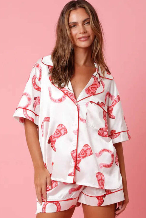 Full Pattern Shirt and Shorts Satin Pajama Set