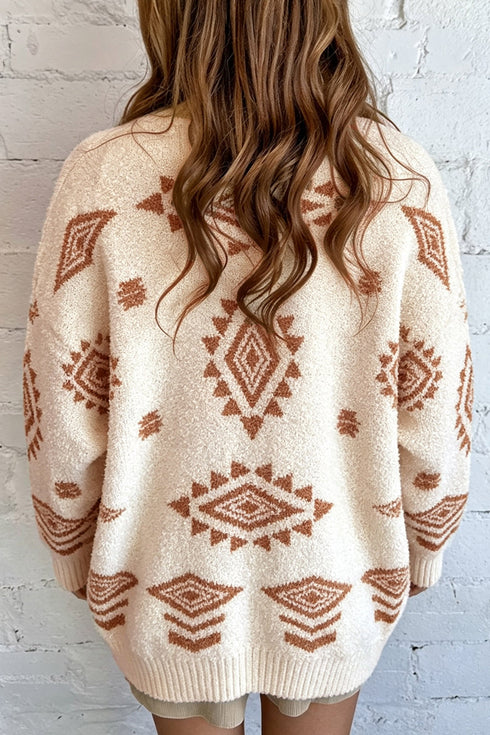 Fuzzy Aztec Print Open Knit Tunic Cardigan