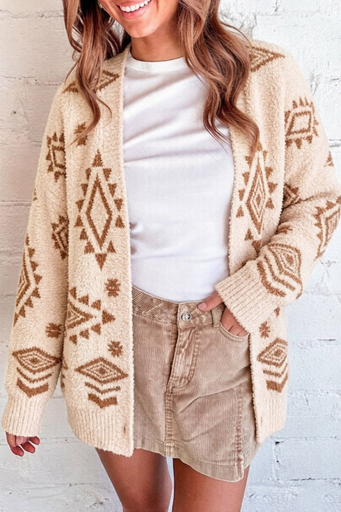 Fuzzy Aztec Print Open Knit Tunic Cardigan