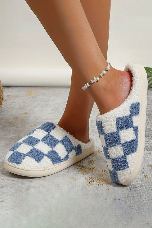 Fuzzy Checkered Print Plush Fleece Slip On Slippers