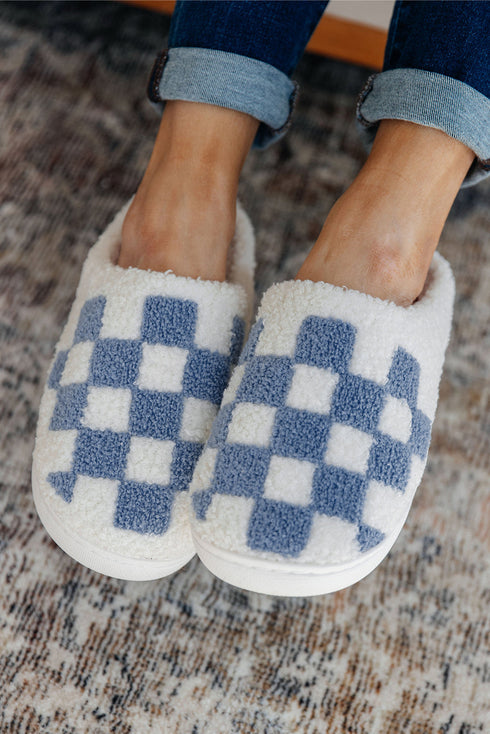 Fuzzy Checkered Print Plush Fleece Slip On Slippers