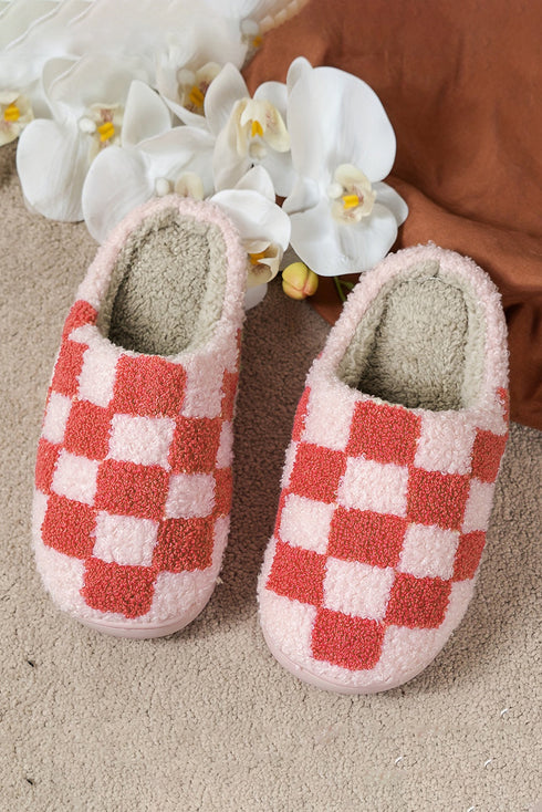 Fuzzy Checkered Print Plush Fleece Slip On Slippers