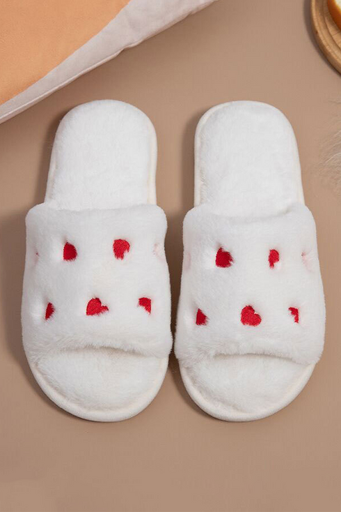 Fuzzy Fleece Embroidered Heart Pattern Slip On Slippers