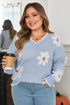 Fuzzy Floral Knit Scalloped V Neck Pullover Sweater