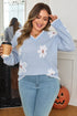 Fuzzy Floral Knit Scalloped V Neck Pullover Sweater