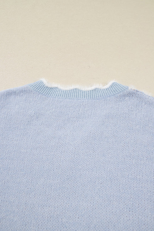 Fuzzy Floral Knit Scalloped V Neck Pullover Sweater