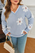 Fuzzy Floral Knit Scalloped V Neck Pullover Sweater