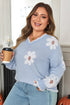 Fuzzy Floral Knit Scalloped V Neck Pullover Sweater