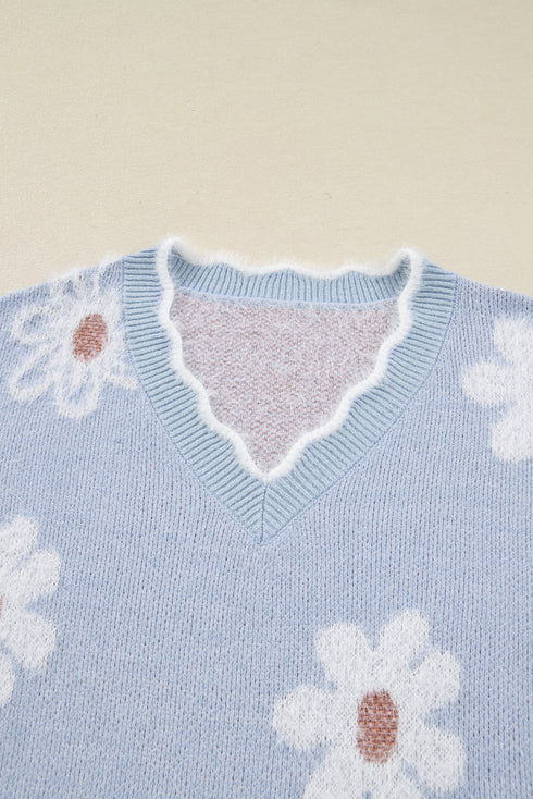 Fuzzy Floral Knit Scalloped V Neck Pullover Sweater