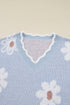 Fuzzy Floral Knit Scalloped V Neck Pullover Sweater