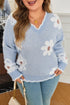 Fuzzy Floral Knit Scalloped V Neck Pullover Sweater