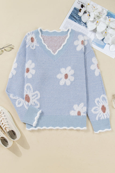 Fuzzy Floral Knit Scalloped V Neck Pullover Sweater